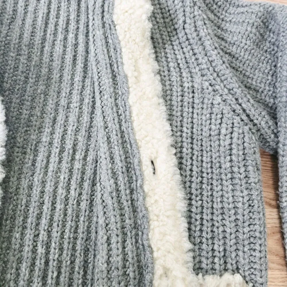 Michael Kors Ribbed Wool Knit Cardigan Lamb Shearling Sweater Size L Elbow Patch
